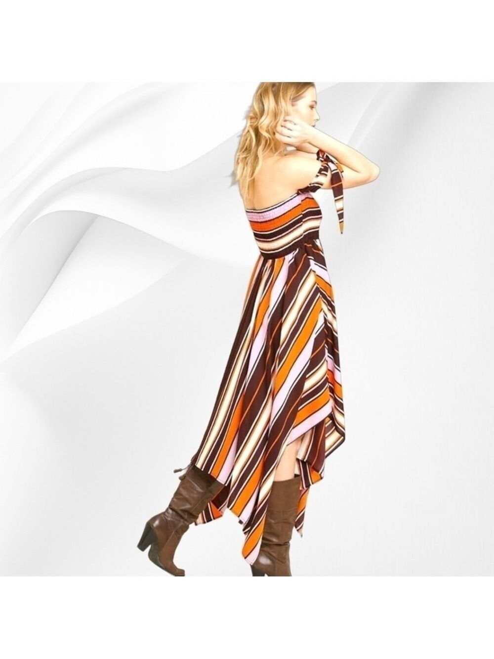 UMGEE Brown & Pink Striped Smocked Off-Shoulder Asymmetrical Dress - Picture 3 of 7